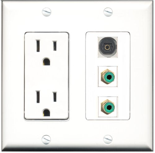 RiteAV - 15 Amp Power Outlet 2 Port RCA Green 1 Port Toslink Decorative Wall Plate