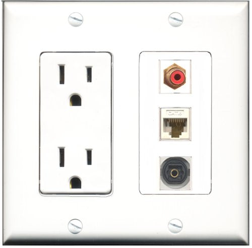 RiteAV - 15 Amp Power Outlet 1 Port RCA Red 1 Port Toslink 1 Port Cat6 Ethernet Ethernet White Decorative Wall Plate