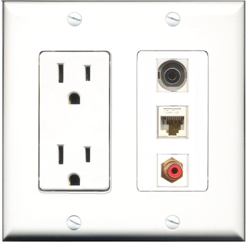 RiteAV - 15 Amp Power Outlet 1 Port RCA Red 1 Port 3.5mm 1 Port Cat6 Ethernet Ethernet White Decorative Wall Plate