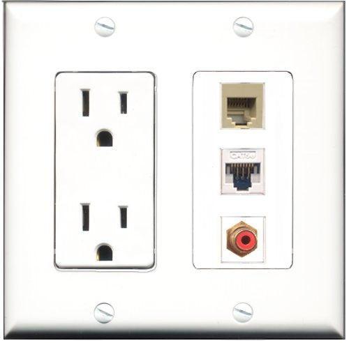 RiteAV - 15 Amp Power Outlet 1 Port RCA Red 1 Port Phone Beige 1 Port Cat5e Ethernet White Decorative Wall Plate