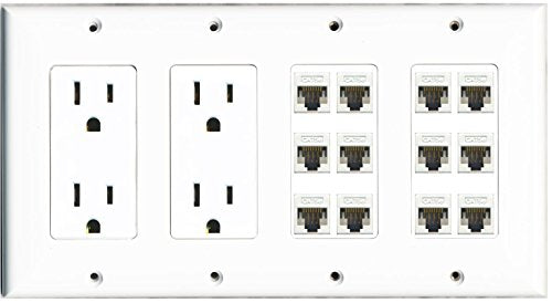 RiteAV - (4 Gang) 2 15A Power Outlet 12 Cat5e White Wall Plate White