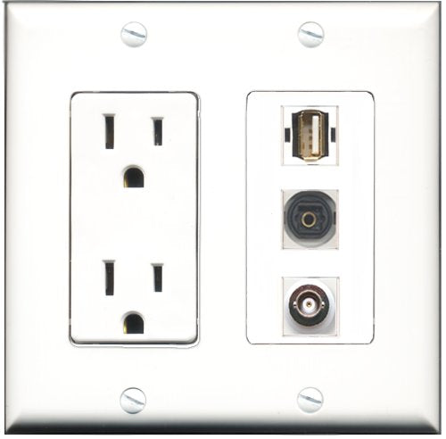 RiteAV - 15 Amp Power Outlet 1 Port USB A-A 1 Port Toslink 1 Port BNC Decorative Wall Plate