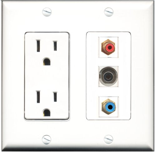 RiteAV - 15 Amp Power Outlet 1 Port RCA Red 1 Port RCA Blue 1 Port 3.5mm Decorative Wall Plate