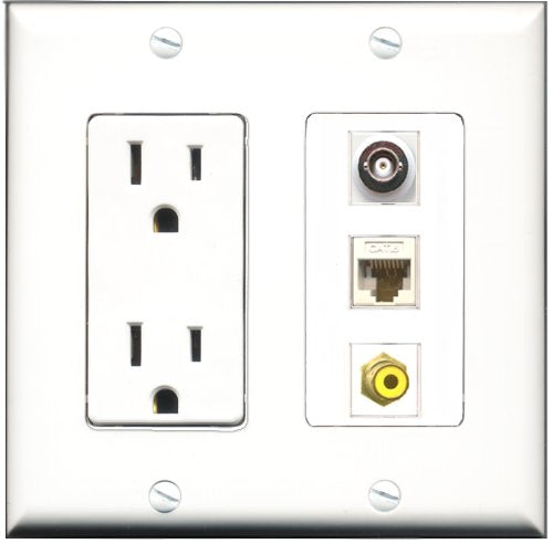 RiteAV - 15 Amp Power Outlet 1 Port RCA Yellow 1 Port BNC 1 Port Cat6 Ethernet Ethernet White Decorative Wall Plate