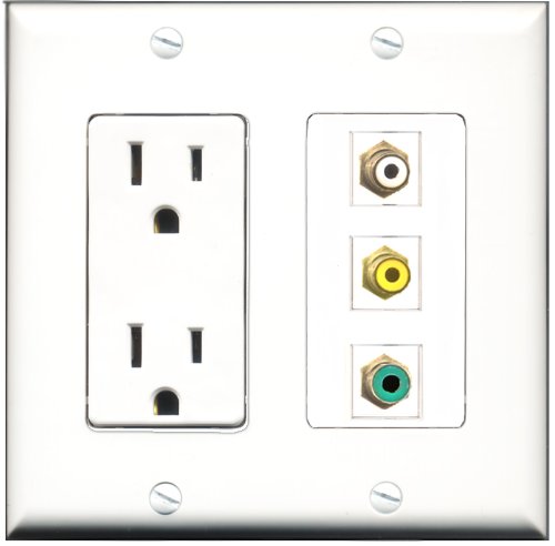 RiteAV - 15 Amp Power Outlet 1 Port RCA White 1 Port RCA Yellow 1 Port RCA Green Decorative Wall Plate