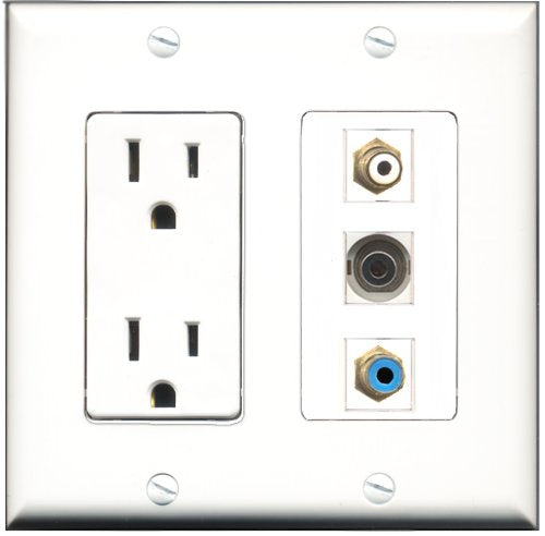 RiteAV - 15 Amp Power Outlet 1 Port RCA White 1 Port RCA Blue 1 Port 3.5mm Decorative Wall Plate
