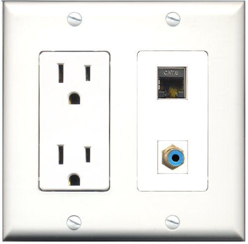 RiteAV - 15 Amp Power Outlet and 1 Port RCA Blue and 1 Port Shielded Cat6 Ethernet Decorative Type Wall Plate White