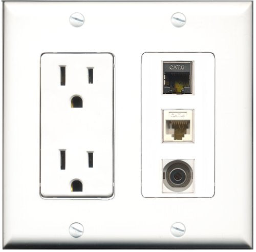 RiteAV - 15 Amp Power Outlet 1 Port Shielded Cat6 Ethernet Ethernet 1 Port 3.5mm 1 Port Cat6 Ethernet Ethernet White Decorative Wall Plate