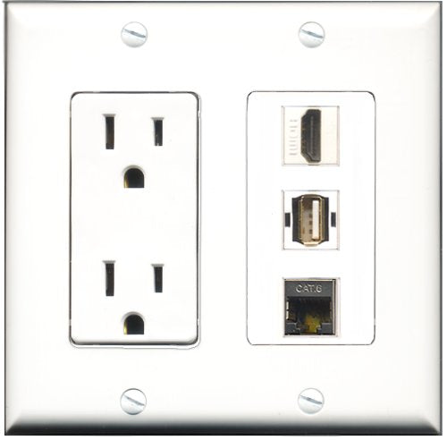 RiteAV - 15 Amp Power Outlet 1 Port HDMI 1 Port USB A-A 1 Port Shielded Cat6 Ethernet Ethernet Decorative Wall Plate