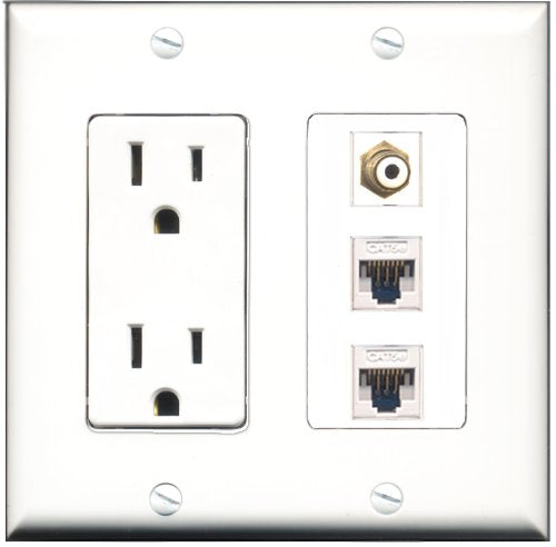 RiteAV - 15 Amp Power Outlet 1 Port RCA White 2 Port Cat5e Ethernet White Decorative Wall Plate