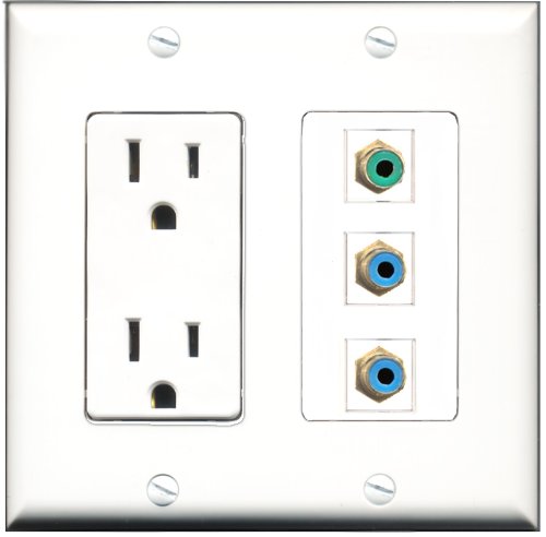 RiteAV - 15 Amp Power Outlet 1 Port RCA Green 2 Port RCA Blue Decorative Wall Plate