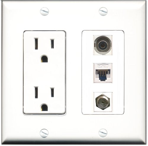 RiteAV - 15 Amp Power Outlet 1 Port Coax 1 Port 3.5mm 1 Port Cat5e Ethernet White Decorative Wall Plate
