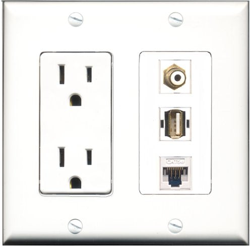 RiteAV - 15 Amp Power Outlet 1 Port RCA White 1 Port USB A-A 1 Port Cat5e Ethernet White Decorative Wall Plate
