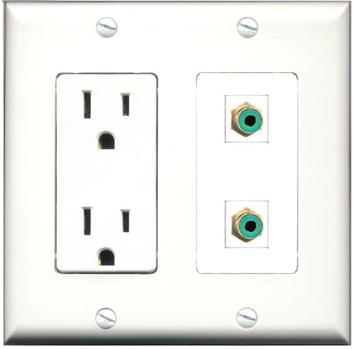 RiteAV - 15 Amp Power Outlet 2 Port RCA Green Decorative Type Wall Plate White
