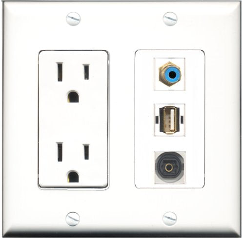 RiteAV - 15 Amp Power Outlet 1 Port RCA Blue 1 Port USB A-A 1 Port Toslink Decorative Wall Plate