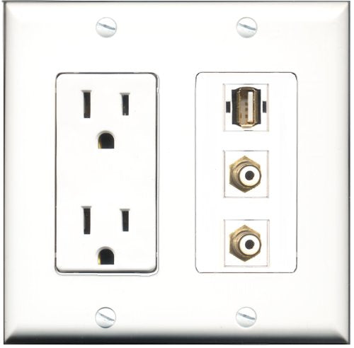 RiteAV - 15 Amp Power Outlet 2 Port RCA White 1 Port USB A-A Decorative Wall Plate