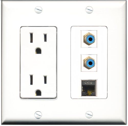 RiteAV - 15 Amp Power Outlet 2 Port RCA Blue 1 Port Shielded Cat6 Ethernet Ethernet Decorative Wall Plate