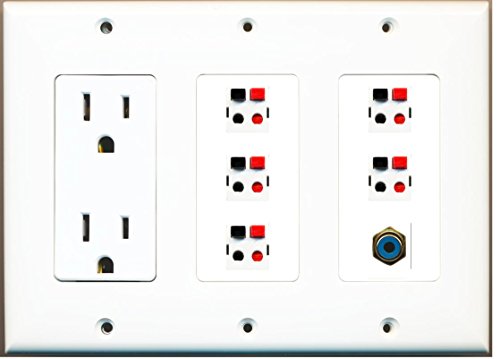 RiteAV - (3 Gang) 15A Power Outlet RCA Blue 5 Speaker Jack Wall Plate White