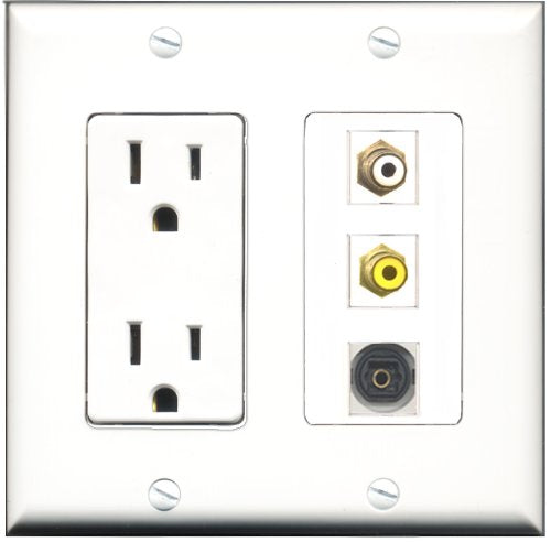 RiteAV - 15 Amp Power Outlet 1 Port RCA White 1 Port RCA Yellow 1 Port Toslink Decorative Wall Plate