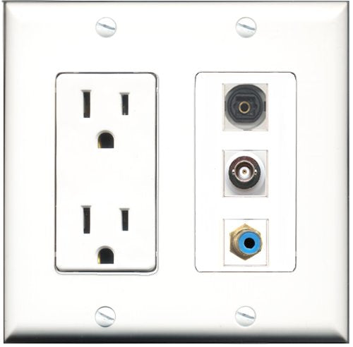 RiteAV - 15 Amp Power Outlet 1 Port RCA Blue 1 Port Toslink 1 Port BNC Decorative Wall Plate