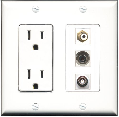 RiteAV - 15 Amp Power Outlet 1 Port RCA White 1 Port 3.5mm 1 Port BNC Decorative Wall Plate
