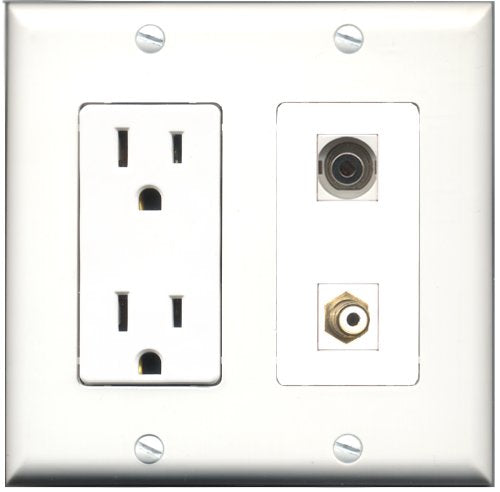 RiteAV - 15 Amp Power Outlet and 1 Port RCA White and 1 Port 3.5mm Decorative Type Wall Plate White