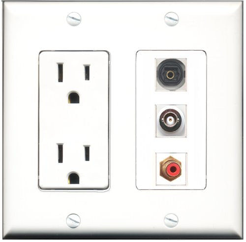 RiteAV - 15 Amp Power Outlet 1 Port RCA Red 1 Port Toslink 1 Port BNC Decorative Wall Plate