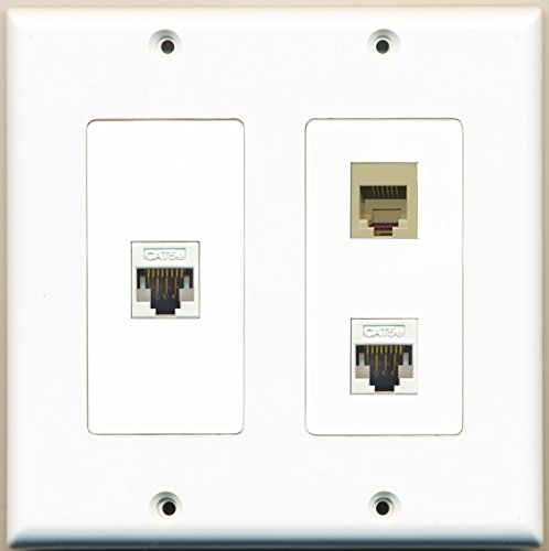 RiteAV - 1 Port Phone RJ11 RJ12 Beige 2 Port Cat5e Ethernet White - 2 Gang Wall Plate