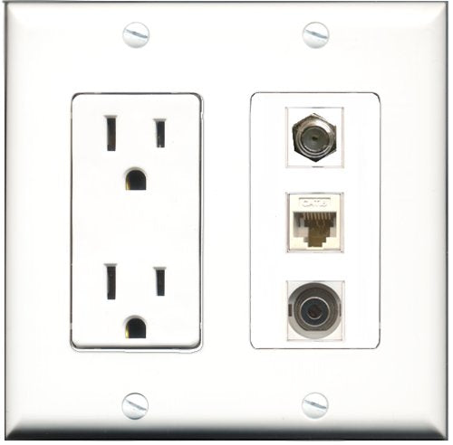 RiteAV - 15 Amp Power Outlet 1 Port Coax 1 Port 3.5mm 1 Port Cat6 Ethernet Ethernet White Decorative Wall Plate