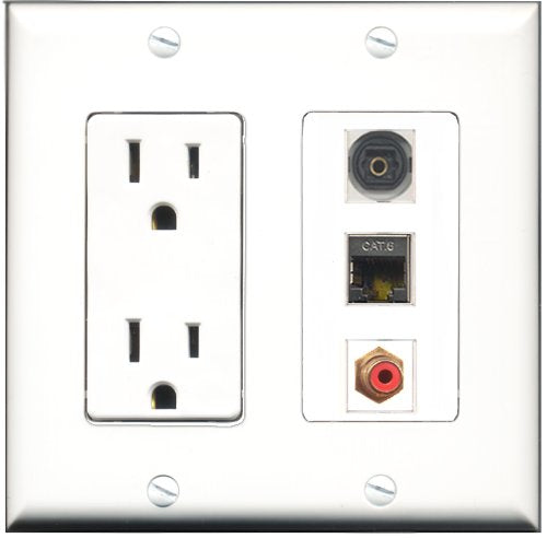 RiteAV - 15 Amp Power Outlet 1 Port RCA Red 1 Port Shielded Cat6 Ethernet Ethernet 1 Port Toslink Decorative Wall Plate