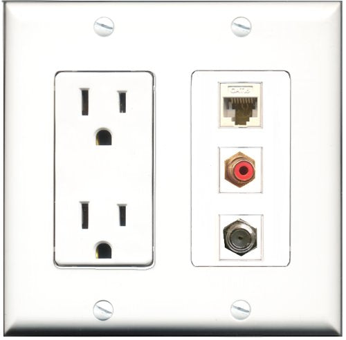 RiteAV - 15 Amp Power Outlet 1 Port RCA Red 1 Port Coax 1 Port Cat6 Ethernet Ethernet White Decorative Wall Plate