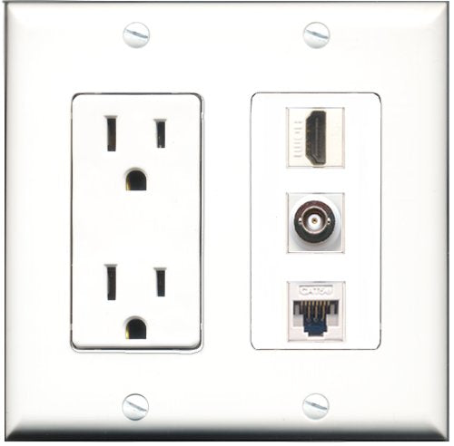 RiteAV - 15 Amp Power Outlet 1 Port HDMI 1 Port BNC 1 Port Cat5e Ethernet White Decorative Wall Plate