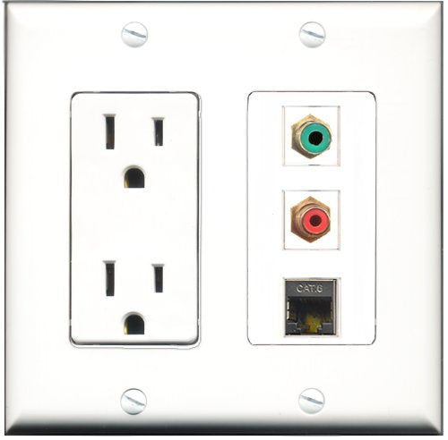 RiteAV - 15 Amp Power Outlet 1 Port RCA Red 1 Port RCA Green 1 Port Shielded Cat6 Ethernet Ethernet Decorative Wall Plate