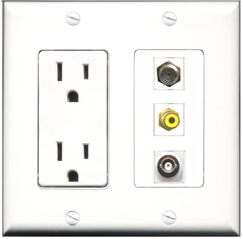RiteAV - 15 Amp Power Outlet 1 Port RCA Yellow 1 Port Coax 1 Port BNC Decorative Wall Plate