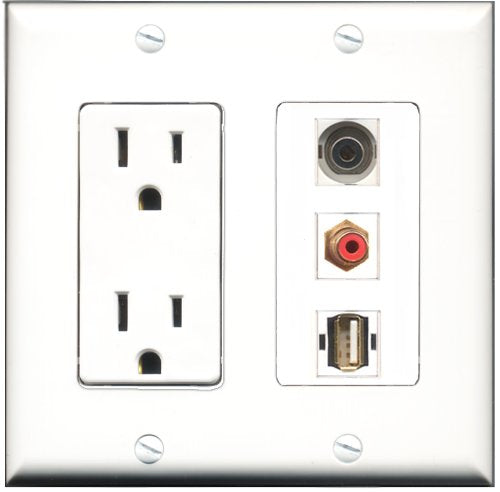 RiteAV - 15 Amp Power Outlet 1 Port RCA Red 1 Port USB A-A 1 Port 3.5mm Decorative Wall Plate