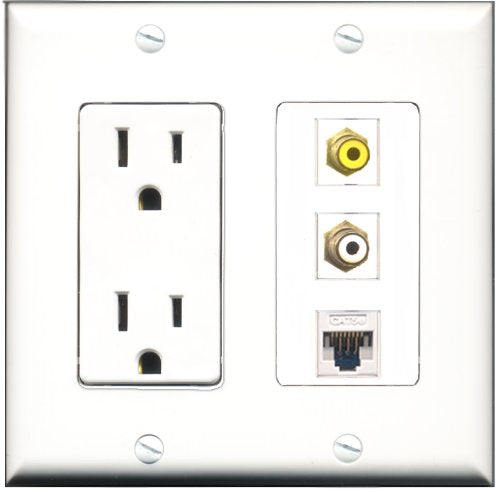 RiteAV - 15 Amp Power Outlet 1 Port RCA White 1 Port RCA Yellow 1 Port Cat5e Ethernet White Decorative Wall Plate
