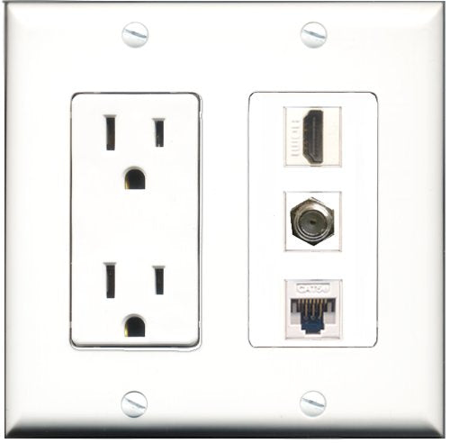 RiteAV - 15 Amp Power Outlet 1 Port HDMI 1 Port Coax 1 Port Cat5e Ethernet White Decorative Wall Plate