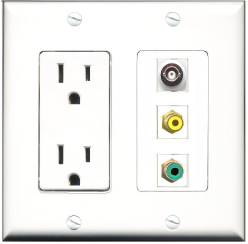 RiteAV - 15 Amp Power Outlet 1 Port RCA Yellow 1 Port RCA Green 1 Port BNC Decorative Wall Plate