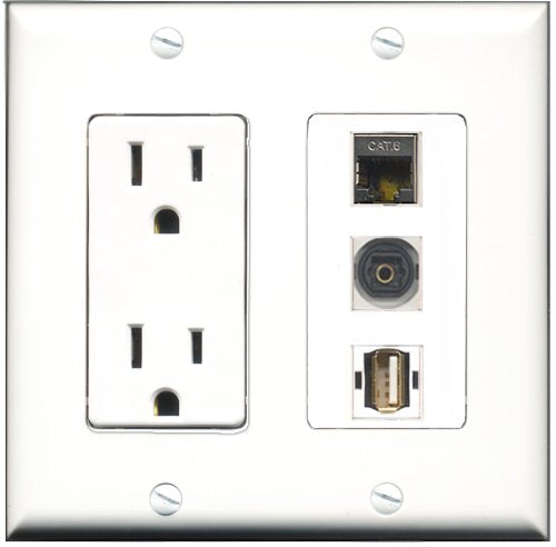 RiteAV - 15 Amp Power Outlet 1 Port USB A-A 1 Port Shielded Cat6 Ethernet Ethernet 1 Port Toslink Decorative Wall Plate