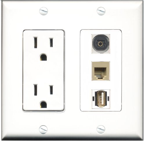 RiteAV - 15 Amp Power Outlet 1 Port USB A-A 1 Port Phone Beige 1 Port Toslink Decorative Wall Plate