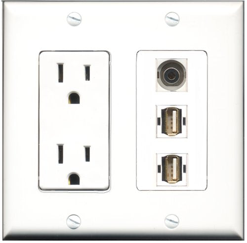 RiteAV - 15 Amp Power Outlet 2 Port USB A-A 1 Port 3.5mm Decorative Wall Plate
