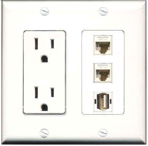 RiteAV - 15 Amp Power Outlet 1 Port USB A-A 2 Port Cat6 Ethernet Ethernet White Decorative Wall Plate