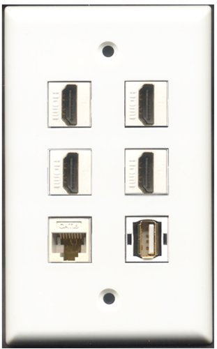 RiteAV - 4 Port HDMI 1 USB A-A 1 Cat6 Ethernet White Wall Plate
