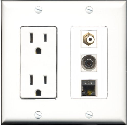 RiteAV - 15 Amp Power Outlet 1 Port RCA White 1 Port Shielded Cat6 Ethernet Ethernet 1 Port 3.5mm Decorative Wall Plate