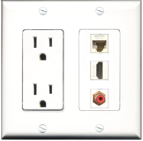 RiteAV - 15 Amp Power Outlet 1 Port HDMI 1 Port RCA Red 1 Port Shielded Cat6 Ethernet Ethernet Decorative Wall Plate