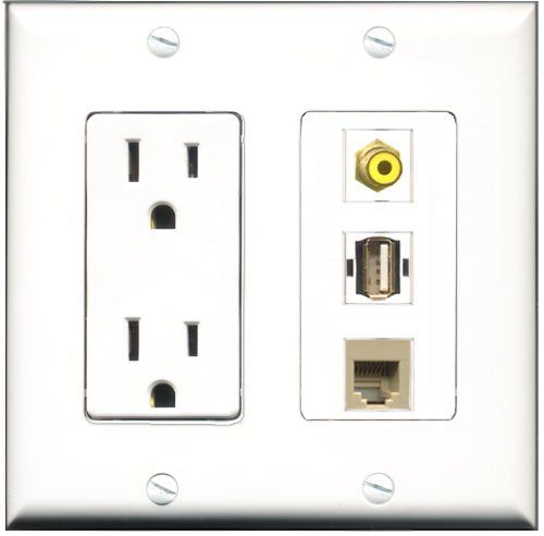 RiteAV - 15 Amp Power Outlet 1 Port RCA Yellow 1 Port USB A-A 1 Port Phone Beige Decorative Wall Plate