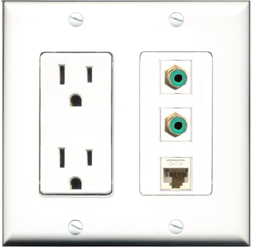 RiteAV - 15 Amp Power Outlet 2 Port RCA Green 1 Port Cat6 Ethernet Ethernet White Decorative Wall Plate