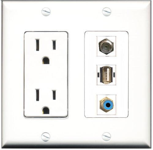 RiteAV - 15 Amp Power Outlet 1 Port RCA Blue 1 Port Coax 1 Port USB A-A Decorative Wall Plate