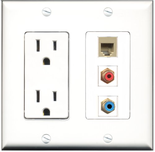 RiteAV - 15 Amp Power Outlet 1 Port RCA Red 1 Port RCA Blue 1 Port Phone Beige Decorative Wall Plate