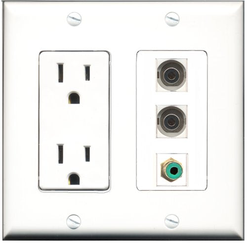 RiteAV - 15 Amp Power Outlet 1 Port RCA Green 2 Port 3.5mm Decorative Wall Plate